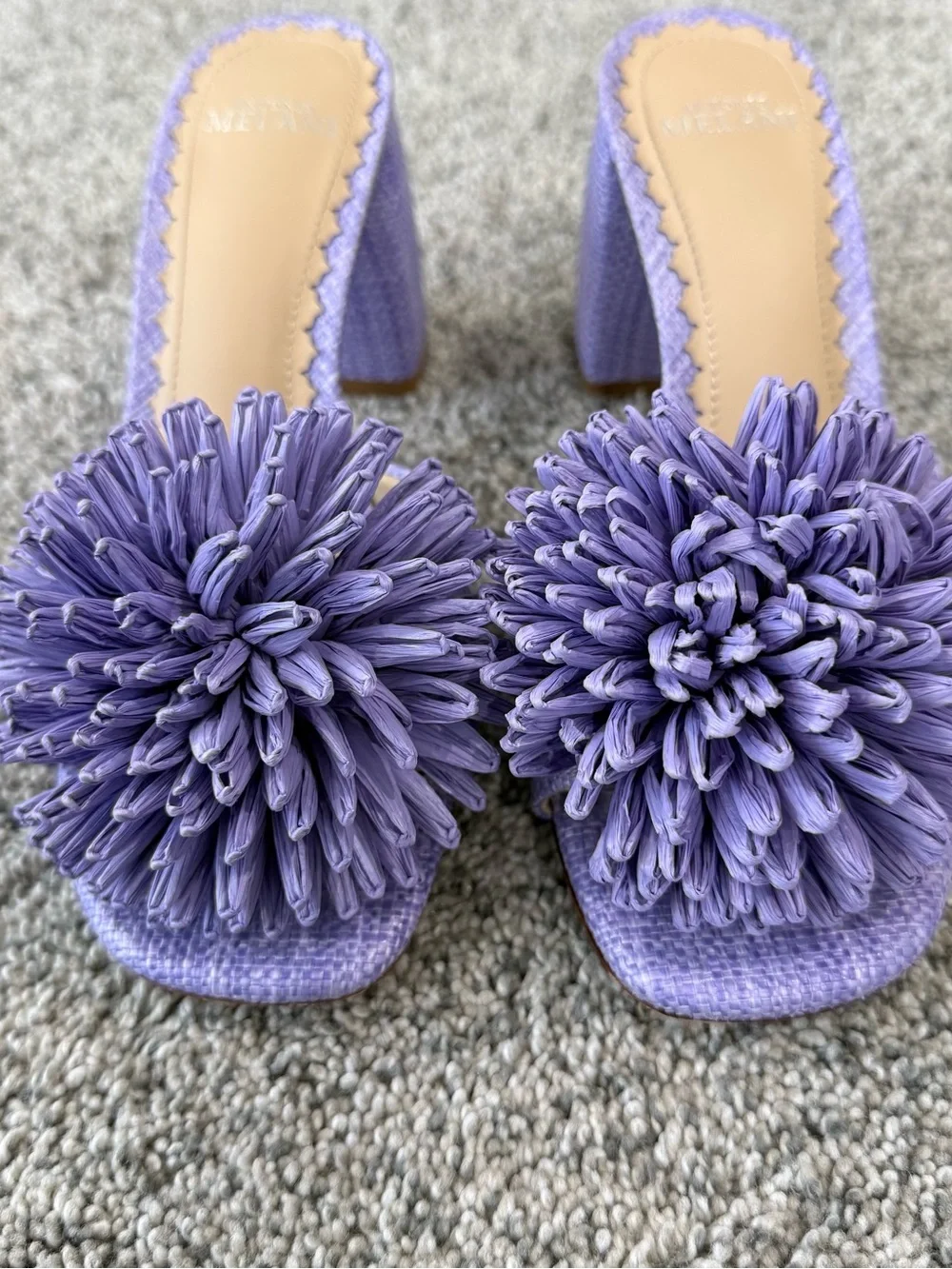Antonio Melani Purple Raffia Pom Pom Mule Block Heel Slip On Women’s US 7 M